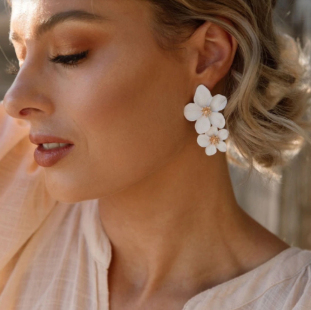 Bridesmaids White Double Flower Blossom Bride Earrings 3d Wedding Bridal Flowers